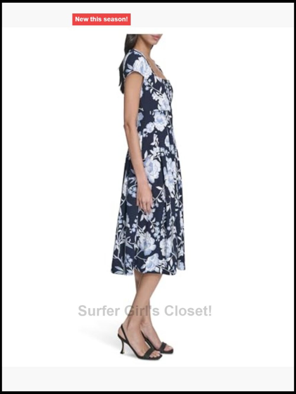 Floral Pleated Midi A-Line Dress Square Neck Short Sleeve - Picture 2 of 5
